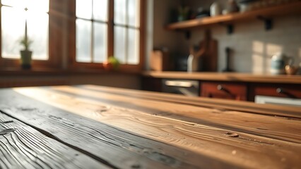A rustic wooden table bathed in morning sunlight, creating a warm and inviting kitchen atmosphere.