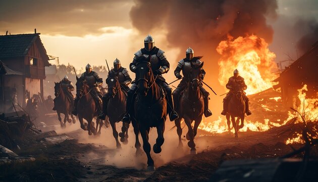 Knights on horseback charge through a burning village at sunset.