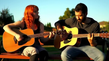 Young couple playing guitars on a wooden bench in a park with a blurred green lawn and trees background under blue sky. Woman with red hair and man with beard focusing on guitar play. - Powered by Adobe