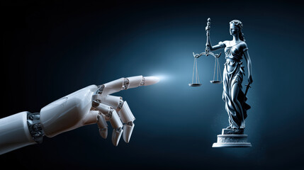 Android robot's hand reaching toward the Lady of Justice statue. Concept of AI artificial intelligence technology in law.  
