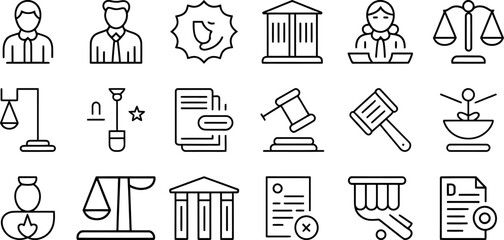A collection of legal and justice icons featuring scales of justice, gavels, buildings, and documents are presented in a clean line art style.