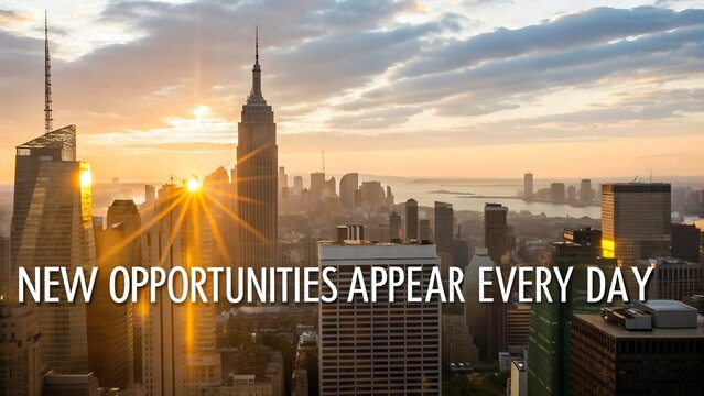 Inspirational Quote New Opportunities Appear Every Day Over Sunrise Cityscape. - Powered by Adobe