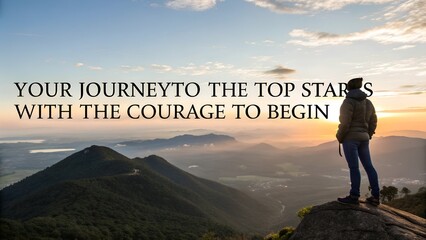 Inspirational quote on a scenic mountain landscape at sunrise.