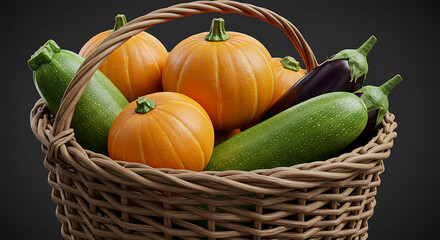 “Autumn Harvest Basket with Pumpkins, Zucchini, and Eggplant”