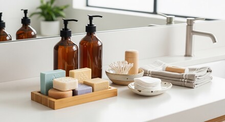 Natural Soap Bars and Dispensers on a Bathroom Countertop.
