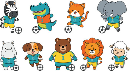 Cartoon animals, soccer team, colorful jerseys, cute characters, kids illustration, sports theme, playful design, fun animals, football game, cheerful mood