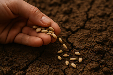 Planting seeds in soil agriculture and gardening concept for growing plants and crops for harvest season