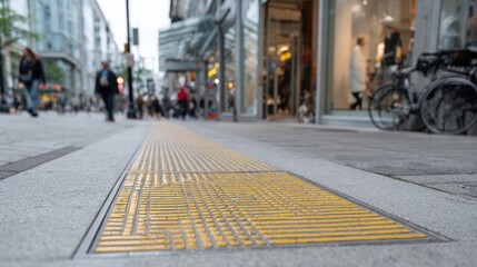 Focused medium view of a tactile ground surface indicator near the store entry ramp with blurred storefront and pedestrian area conveying enhanced accessibility features.
