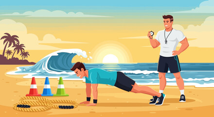 Beach workout session with personal trainer under the vibrant sunrise backdrop