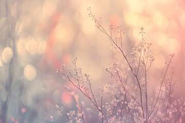 Obraz premium Close up of delicate branches with small buds against a soft pastel pink and beige bokeh background