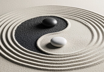 Naklejka premium Black and White Stones in Sand Pattern, Tranquil Setting, Abstract Art, Serene Viewpoint