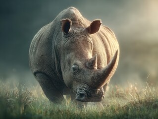 Obraz premium Majestic rhinoceros grazing in a misty landscape during early morning hours