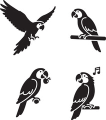 Obraz premium Black silhouette vector of four parrots on white background vector graphics