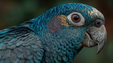Fototapeta premium Close-up of a vibrant blue parrot's head and neck, showing intricate feather patterns and a focused eye