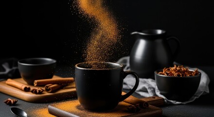 Fototapeta premium Golden Spice Mix Pouring into a Black Coffee Mug