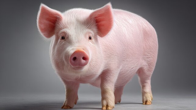Pig stands confidently in a studio setting, showcasing its features and playful demeanor during a bright afternoon