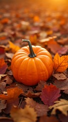 A pumpkin is sitting on a pile of leaves