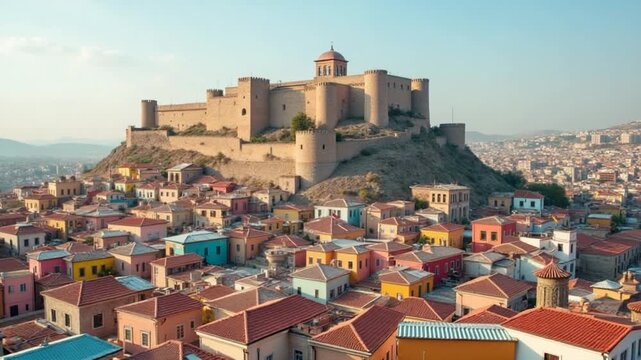 Aerial static view famous landmark top Urfa castle with colorful old town tradition architecture colorful houses background