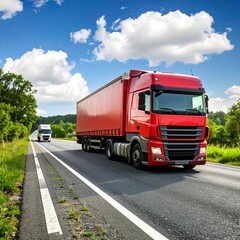 Red truck and trailer on a paved road
