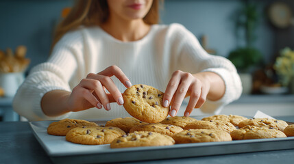 Woman placing chocolate chip cookie on baking tray