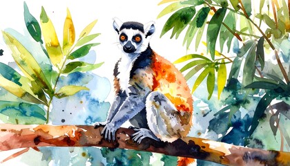Watercolor painting of a ring-tailed lemur perched on a branch amidst lush tropical foliage