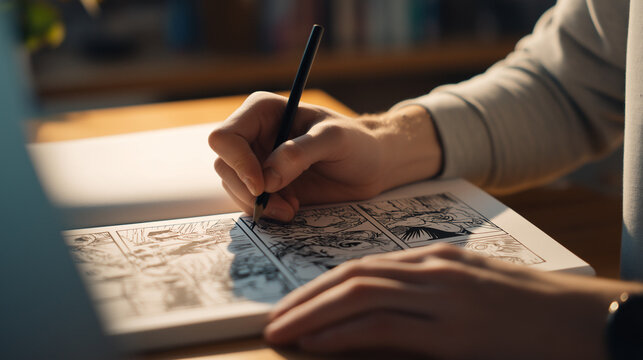 Artist drawing comic panels at desk