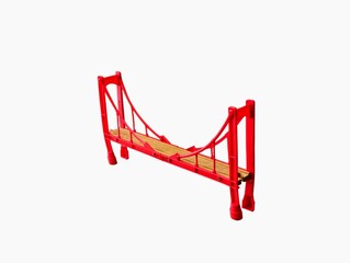 The white background in the picture is a red plastic bridge with brown plywood as a walkway. It has beautiful patterns and is used to decorate houses. It is very colorful.