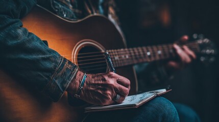 Obraz premium Close-up of a person playing guitar and writing