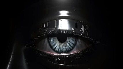 A detailed close-up of a futuristic cybernetic eye with a blue iris, symbolizing the integration of human biology and advanced robotic technology - Powered by Adobe