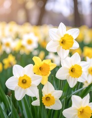 A field of vibrant white and yellow daffodils bursts forth in a sunny spring scene.