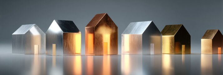 Metal houses arranged in a row showcase various finishes and designs in an artistic display of architecture