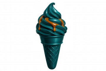 Melting teal ice cream cone, caramel drizzling, floating against transparent backdrop