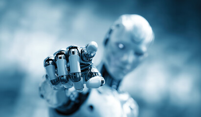 White metal android cyborg robot reaching toward the camera with its pointing finger.