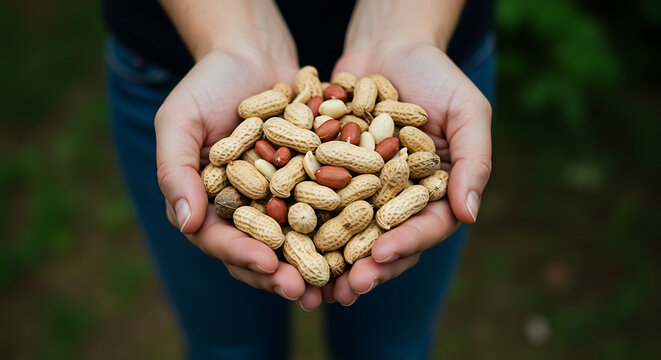 Hands gently holding a natural pile of fresh raw peanuts.