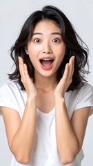 A young woman with a surprised expression, hands on her face, displays a radiant and energetic emotion against a neutral backdrop.