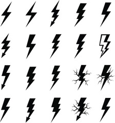 Flash symbol, thunderbolt, lightning strike sign. Electric energy black silhouettes, power concept. Vector isolated dynamic sports logo