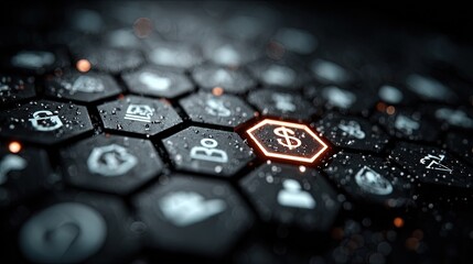 Close-up of a dark, hexagonal grid with illuminated dollar sign