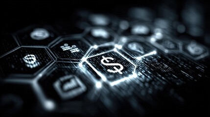 Abstract digital display with glowing financial icons, including a dollar sign, embedded in a hexagonal grid