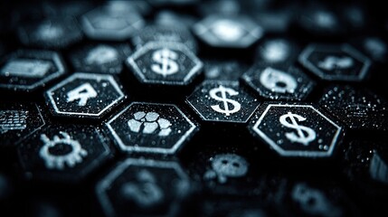 Close-up of many dark hexagonal tiles, each with a light-toned financial icon, creating a dense pattern