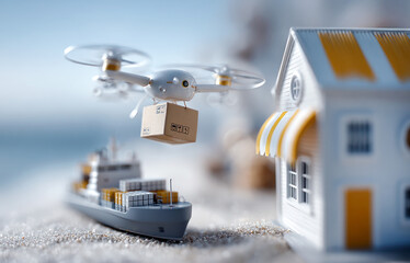 A Large cargo ship on the ocean with A small, fast delivery Drone flies from the ship to house, carrying tiny package. Shows how small, fast deliveries come from large, slow source logistics