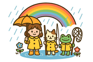 Kindergarten notice: a cute frog sings on a rainy day, watched by adorable children against a blank background