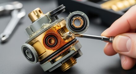 Repair process closeup showing the disassembled faucet cartridge with visible rust and damaged seals.