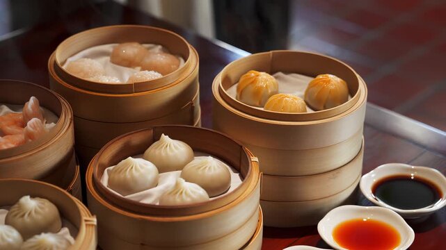 Assortment of dim sum in stacked bamboo steamers at a Chinese restaurant, steaming hot har gow shrimp dumplings, xiaolongbao soup buns and custard buns arranged on cloth liners