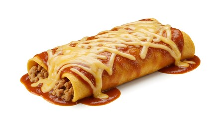 A delectable burrito, overflowing with savory filling, smothered in rich sauce, and topped with melted cheese