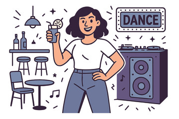 Young woman is a disc jockey at a nightclub surrounded by sound equipment and dancing furniture