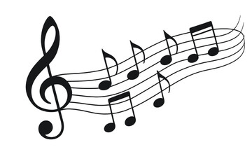 A white background features illustrations of music symbols