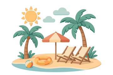 Obraz premium A summer-themed backdrop showcasing 3D realistic vector renders of palm trees, striped beach chairs, a sun‑cloud, a swim ball, and a ring