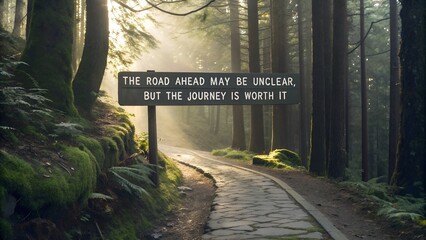 Inspirational Quote Sign on a Sunlit Forest Path.