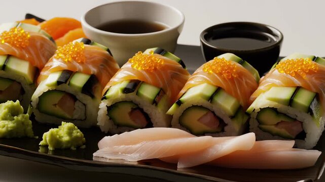 Salmon‑topped sushi rolls on a black platter, layered with cucumber and avocado, wrapped in rice and nori, crowned with bright fish roe, served with wasabi, pickled ginger and soy sauce
