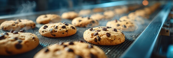 Freshly baked cookies cooling on a conveyor belt in a warm bakery kitchen during the morning hours